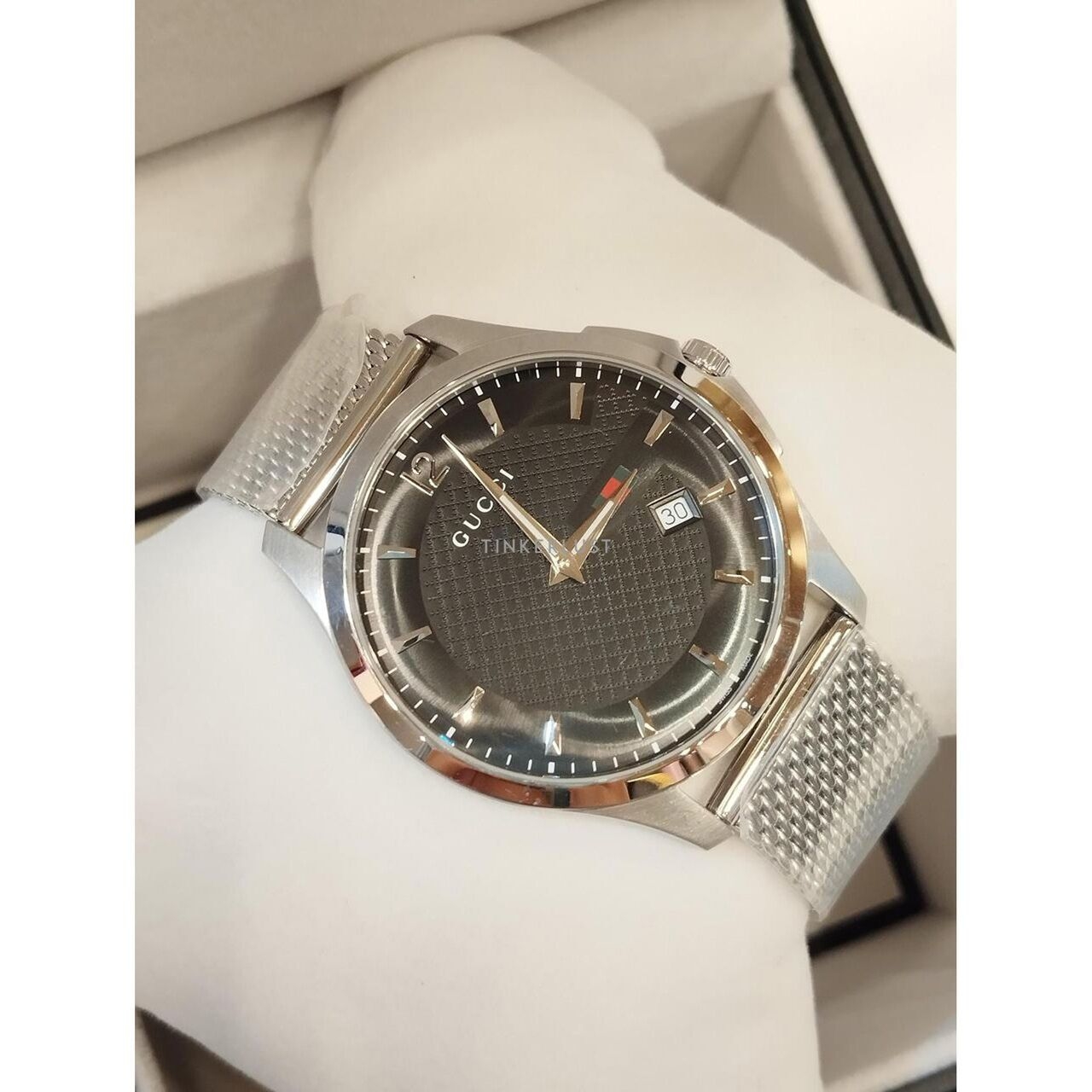 Gucci YA126308 G Timeless Black Dial Stainless Steel Mesh Watch 