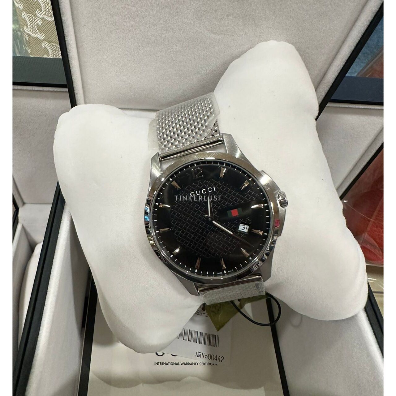 Gucci YA126308 G Timeless Black Dial Stainless Steel Mesh Watch 