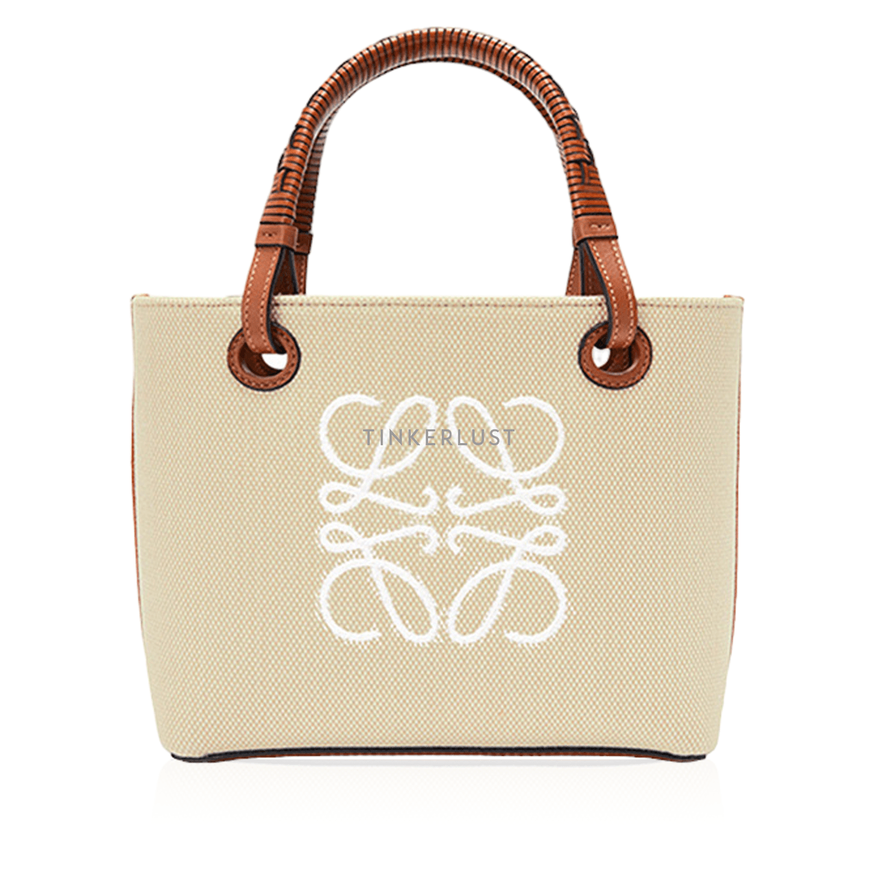 Loewe Mini Anagram Tote Bag in Ecru/Tan Jacquard and Calfskin Satchel