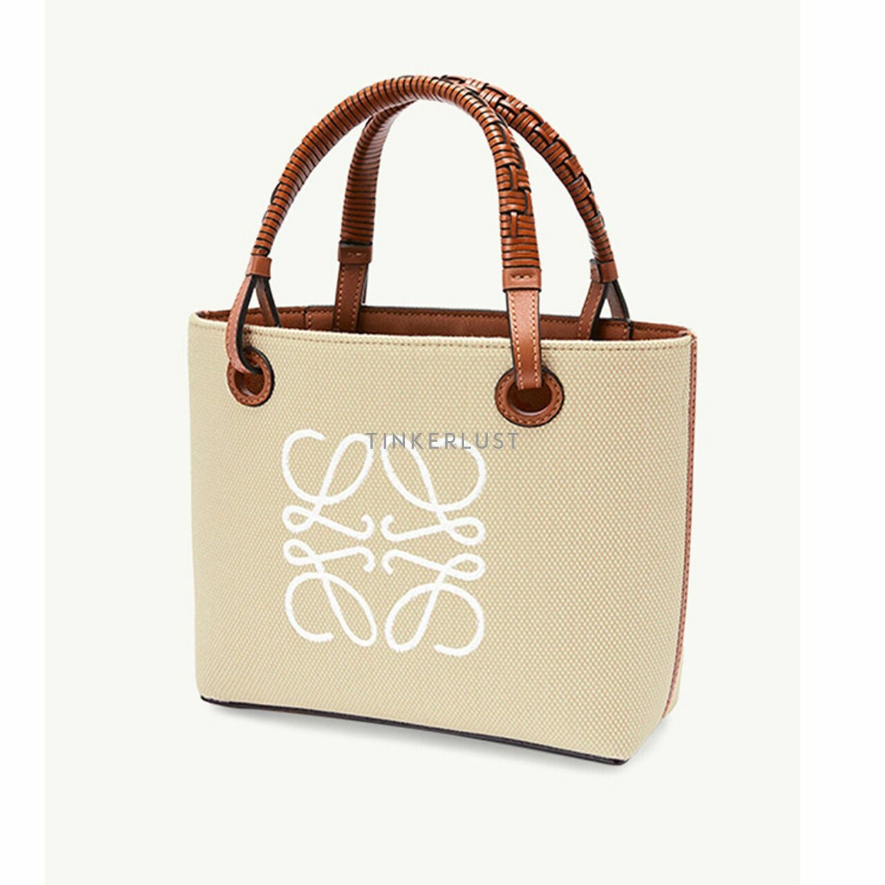 Loewe Mini Anagram Tote Bag in Ecru/Tan Jacquard and Calfskin Satchel