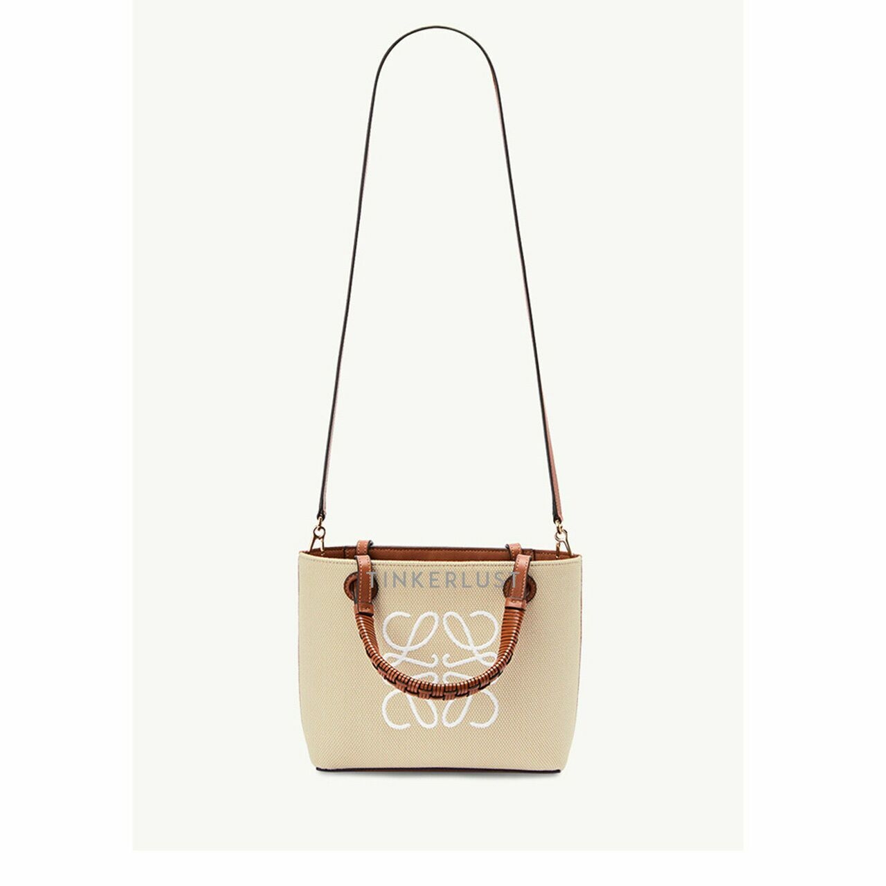 Loewe Mini Anagram Tote Bag in Ecru/Tan Jacquard and Calfskin Satchel