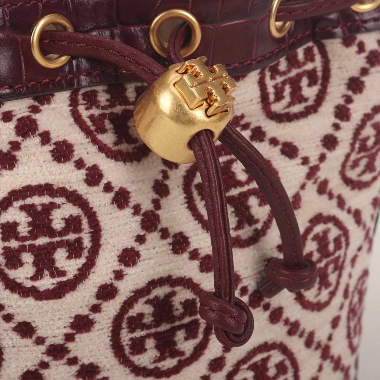 Tory Burch T Monogram Chenille Mini Bucket Bag Claret New Cream Sling Bag