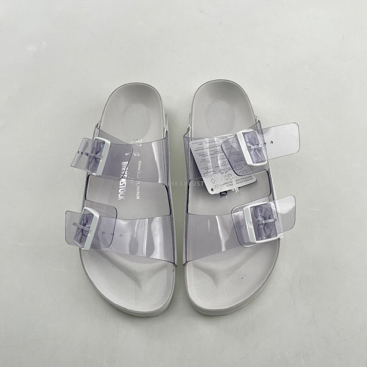 Manolo Blahnik x Birkenstock Arizona Transparent White Sandals