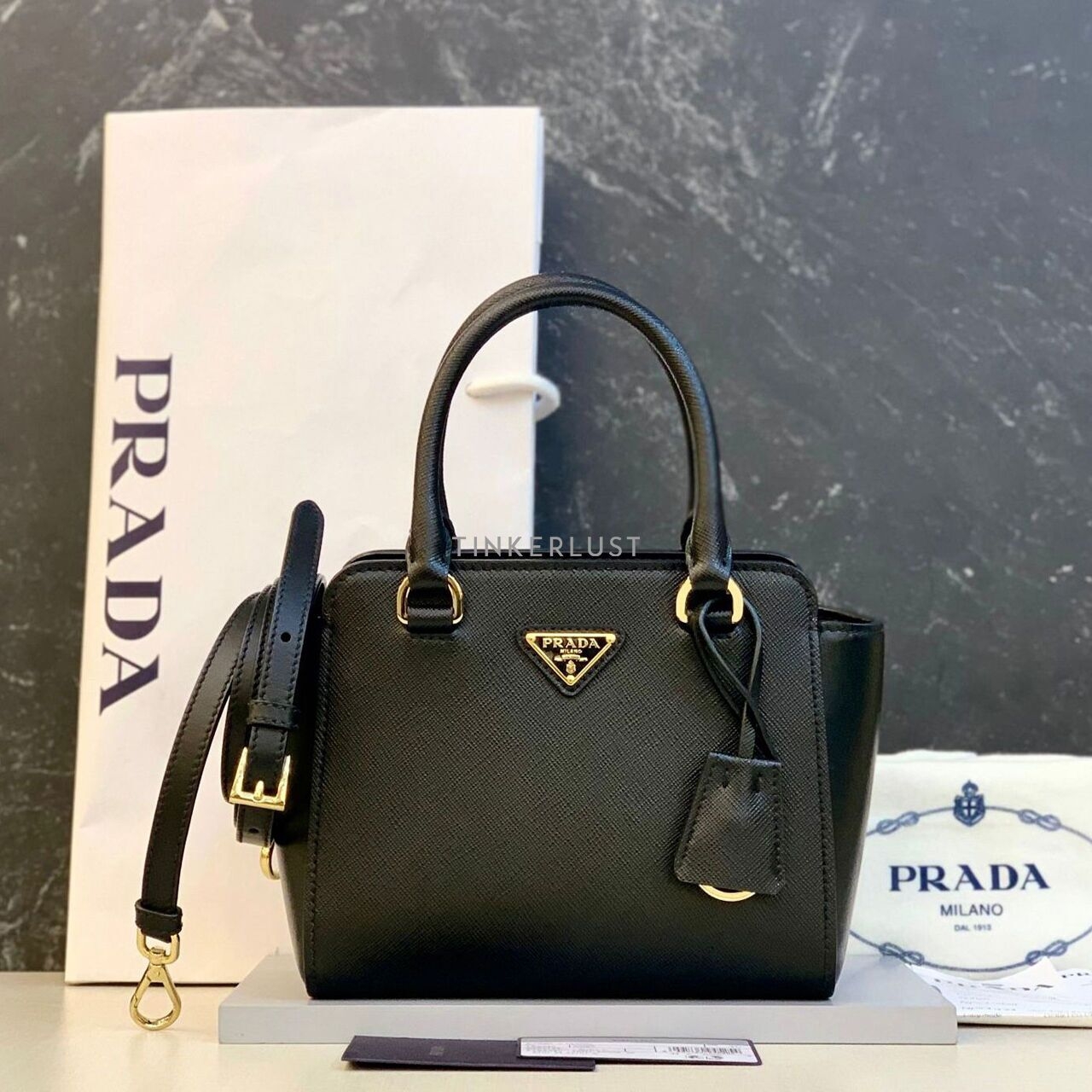 Prada 1BA380 Mini Galleria Saffiano Black GHW Satchel