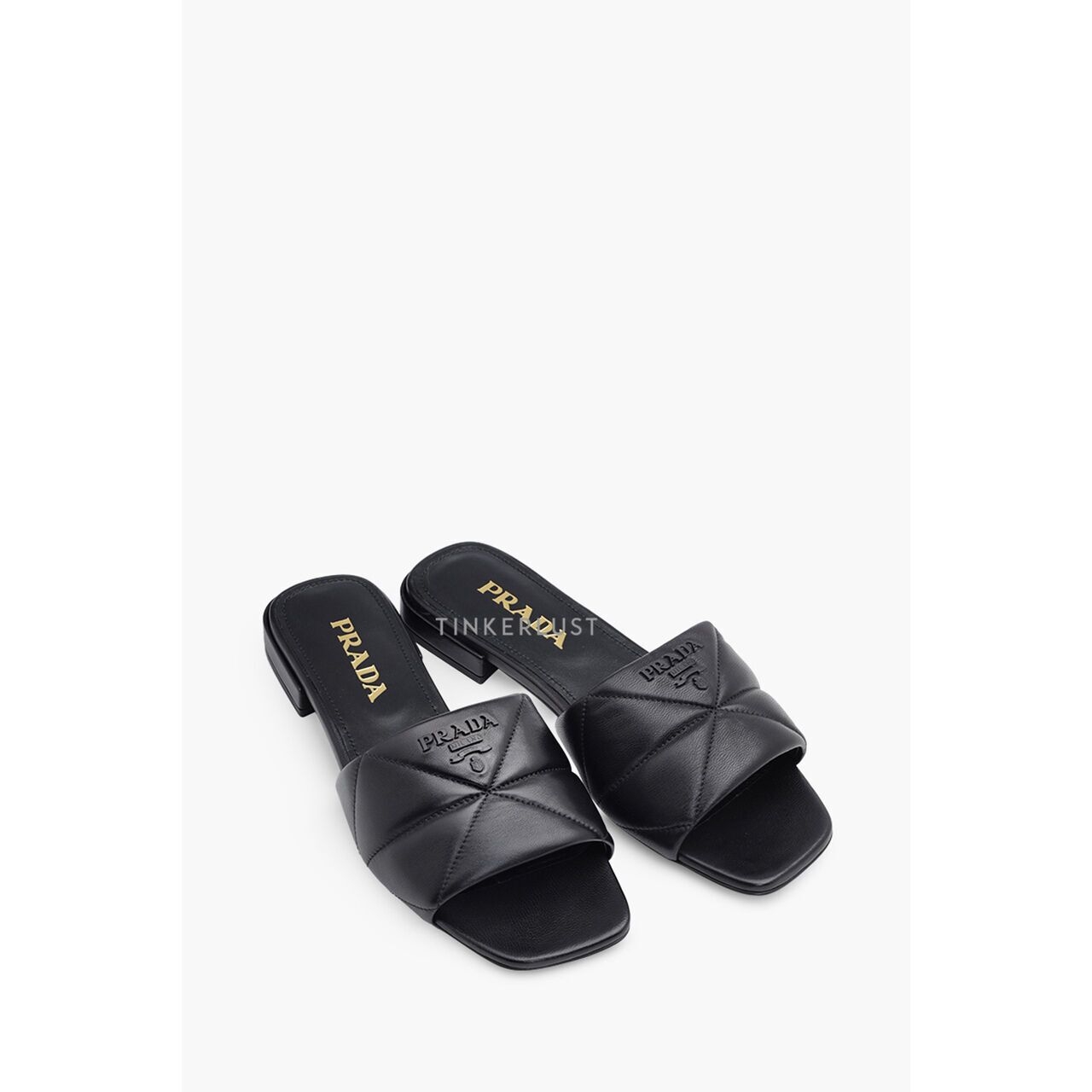 Prada Women Logo Quilted in Black Nappa Leather Sandals 