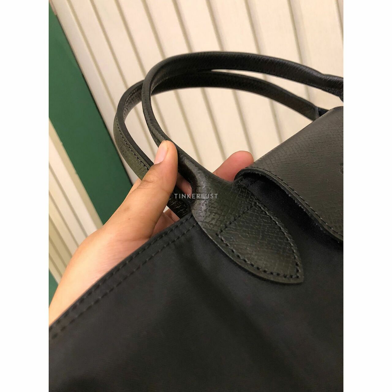 Longchamp Le Pliage Green Medium Top Handle Black