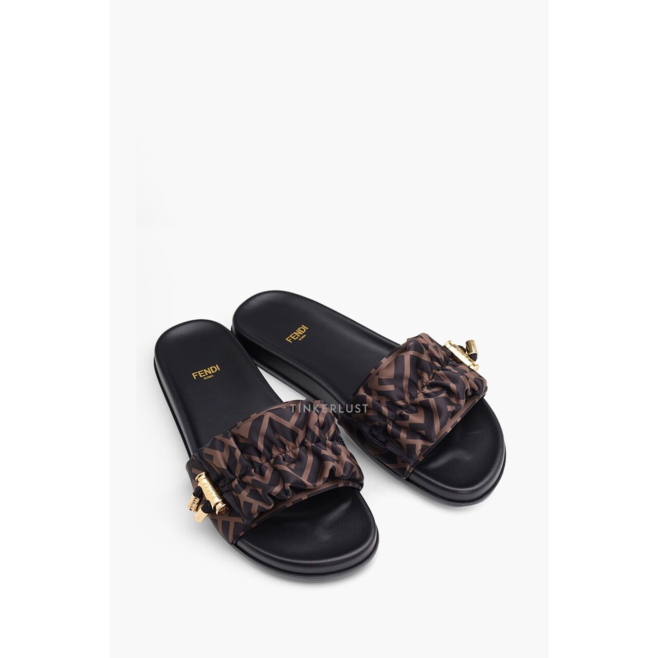 Fendi Feel FF Wide-Band Brown/Black Satin Slides Sandals