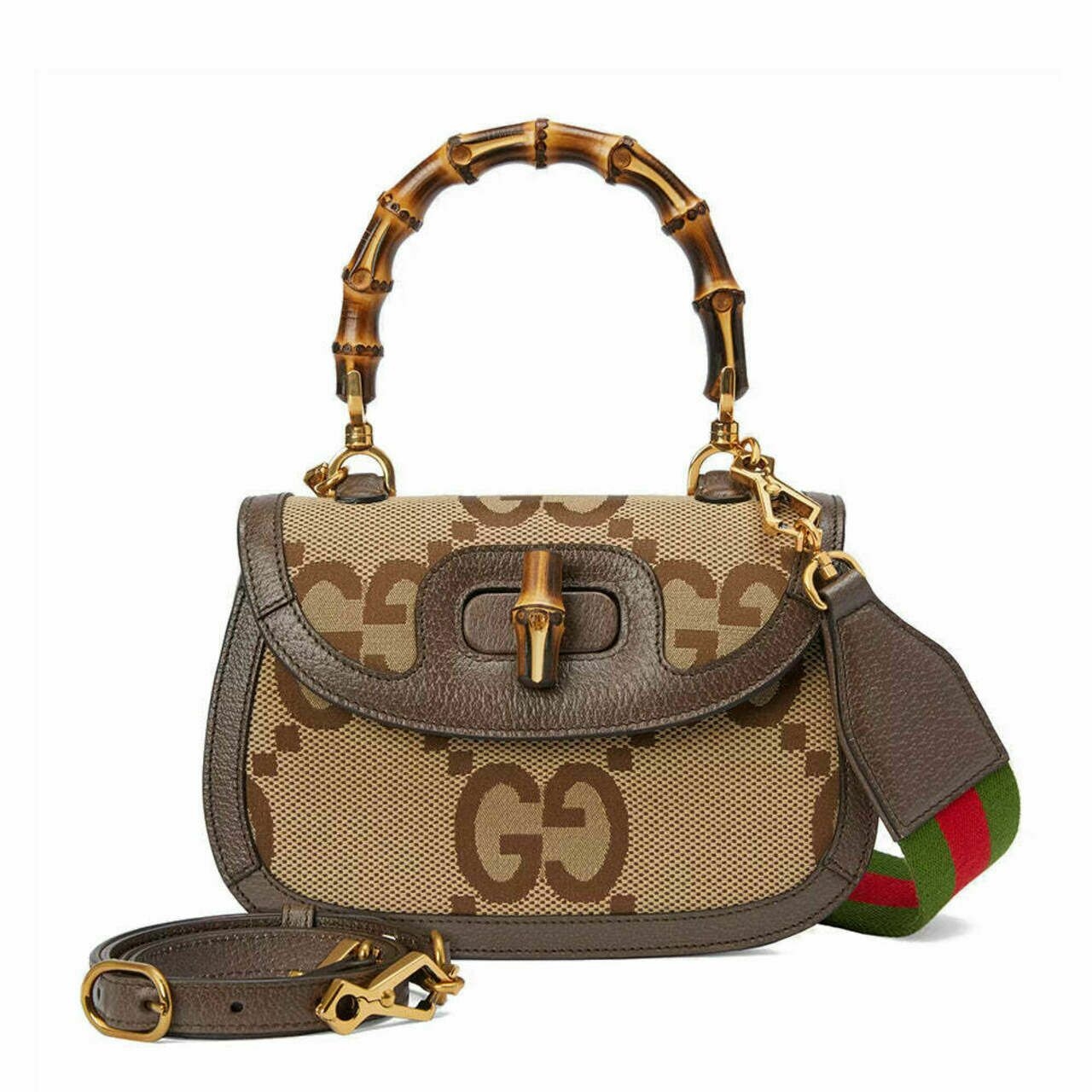 Gucci Bamboo 1947 Jumbo GG Top Handle Canvas Bag Camel and Ebony