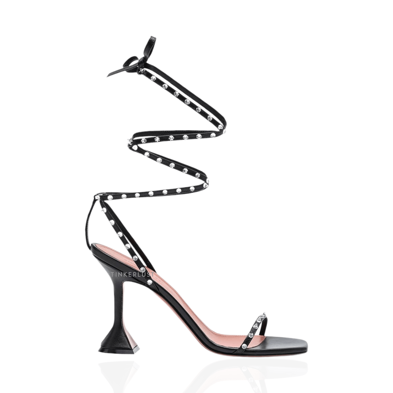 Amina Muaddi Women Karma Ankle Tie Sandals 95mm in Black Patent with Crystals Studded	