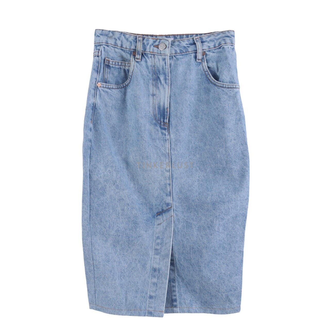 Mango Blue Denim Slit Midi Skirt