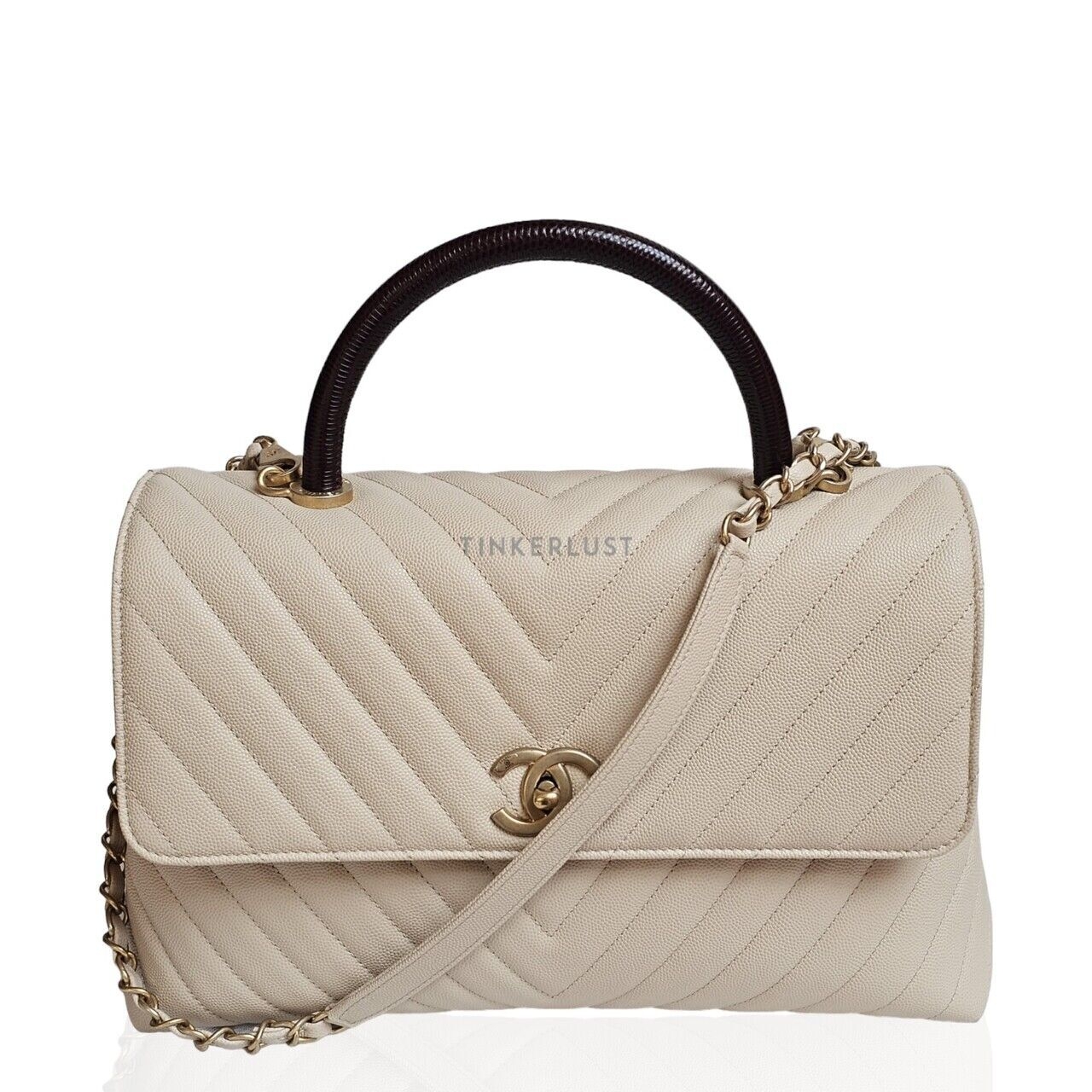 Chanel Coco Lizard Handle Beigi Caviar LGHW #28 Satchel Bag