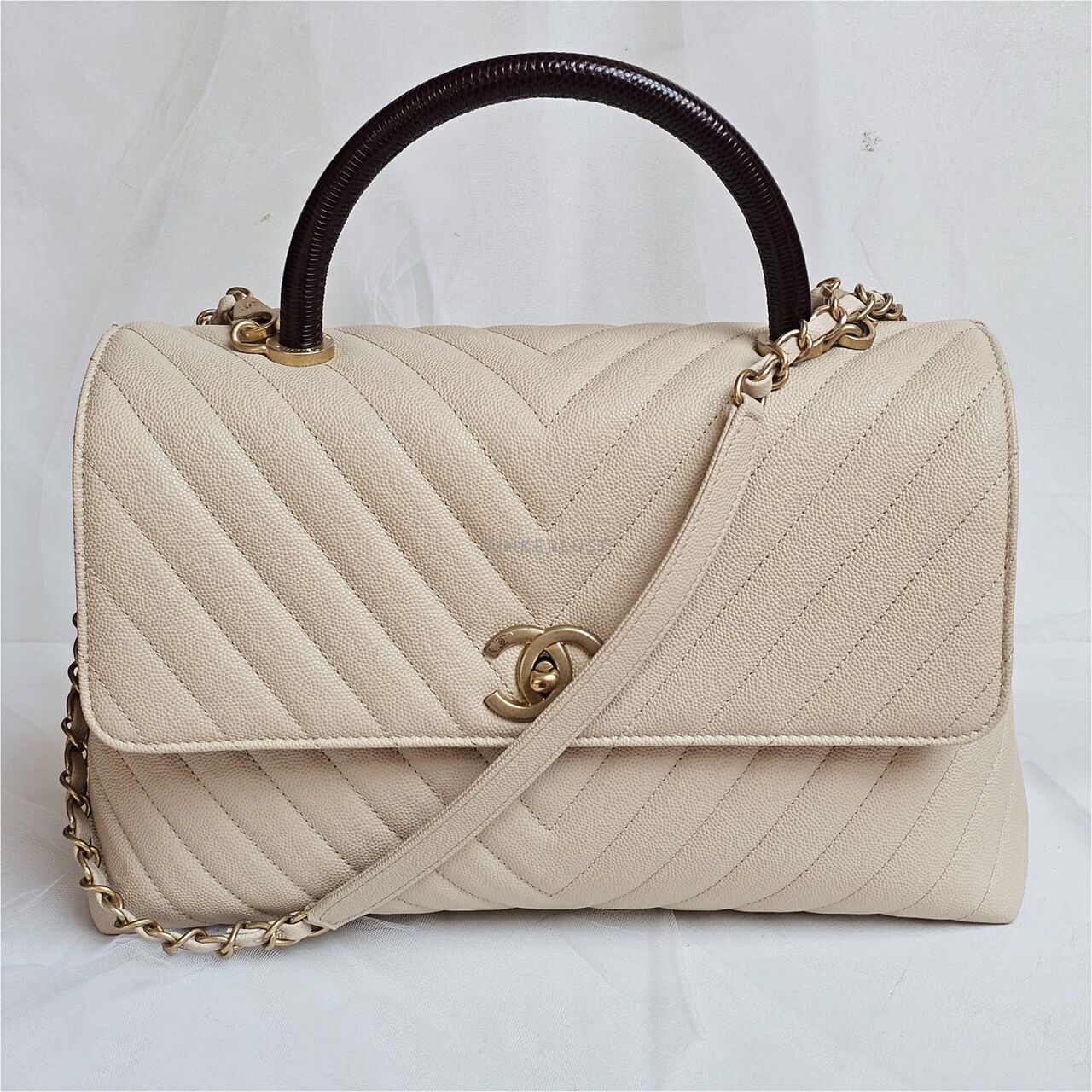 Chanel Coco Lizard Handle Beigi Caviar LGHW #28 Satchel Bag