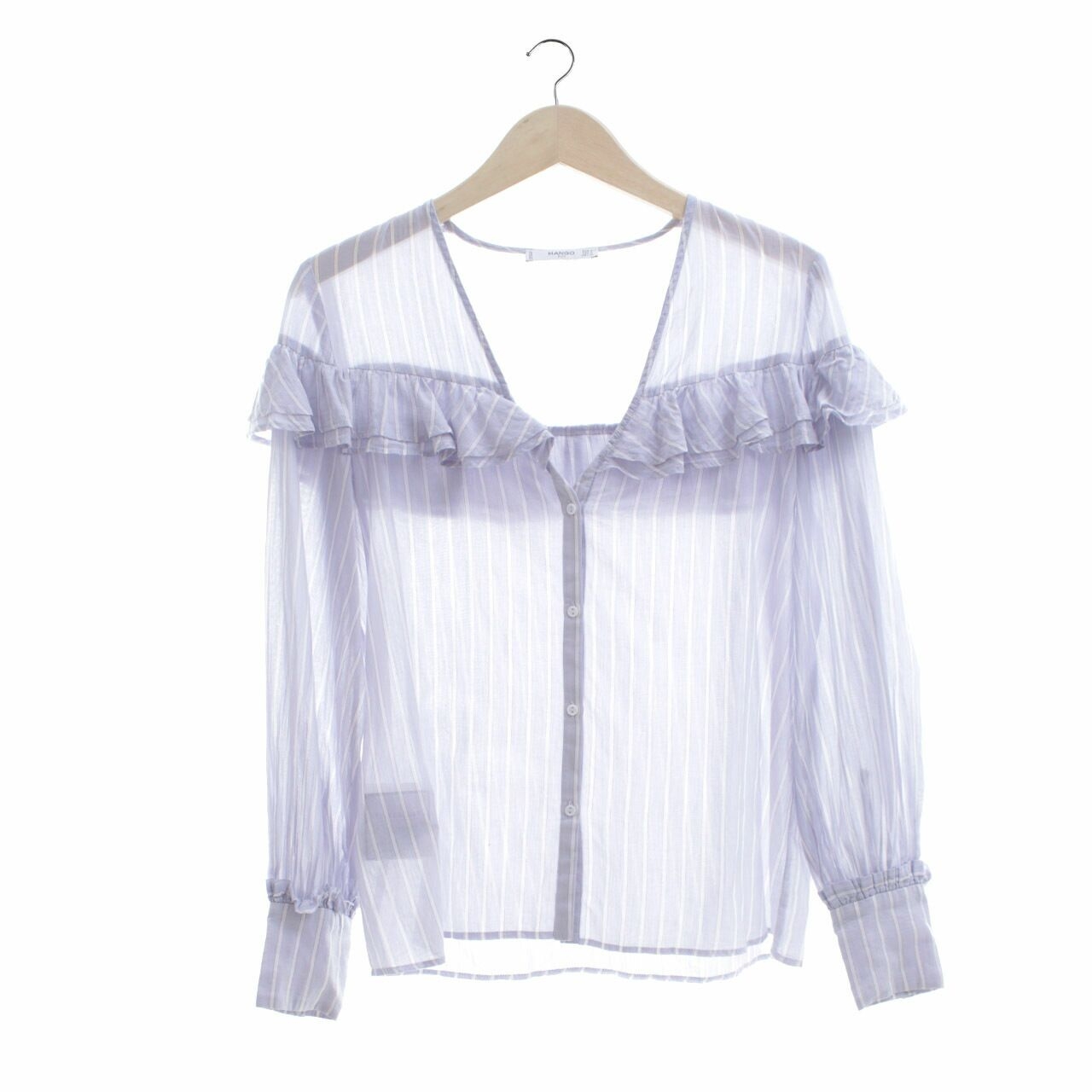 Mango Light Blue Ruffle Stripes Blouse