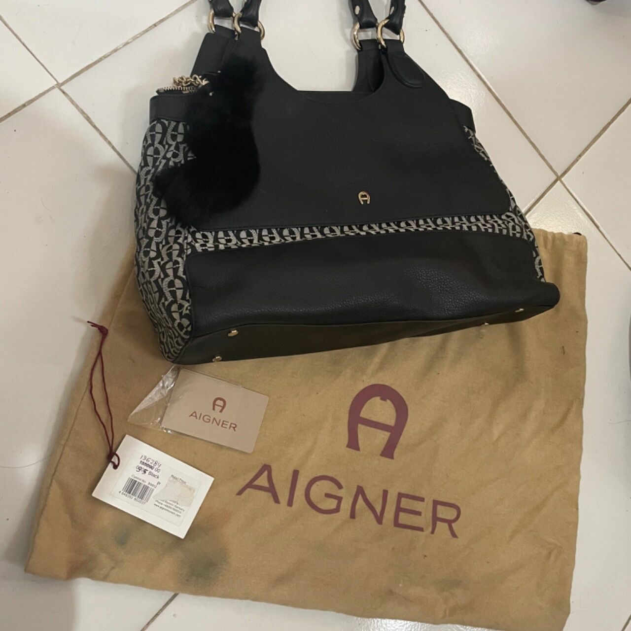 Aigner Black Monogram Shoulder Bag With Furr Keychain