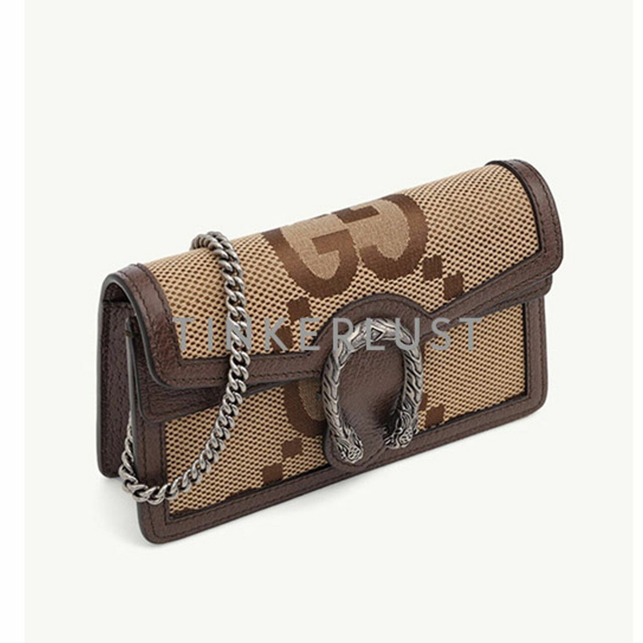 GUCCI Super Mini Jumbo GG Supreme Dionysus Shoulder Bag in Camel/Ebony Canvas