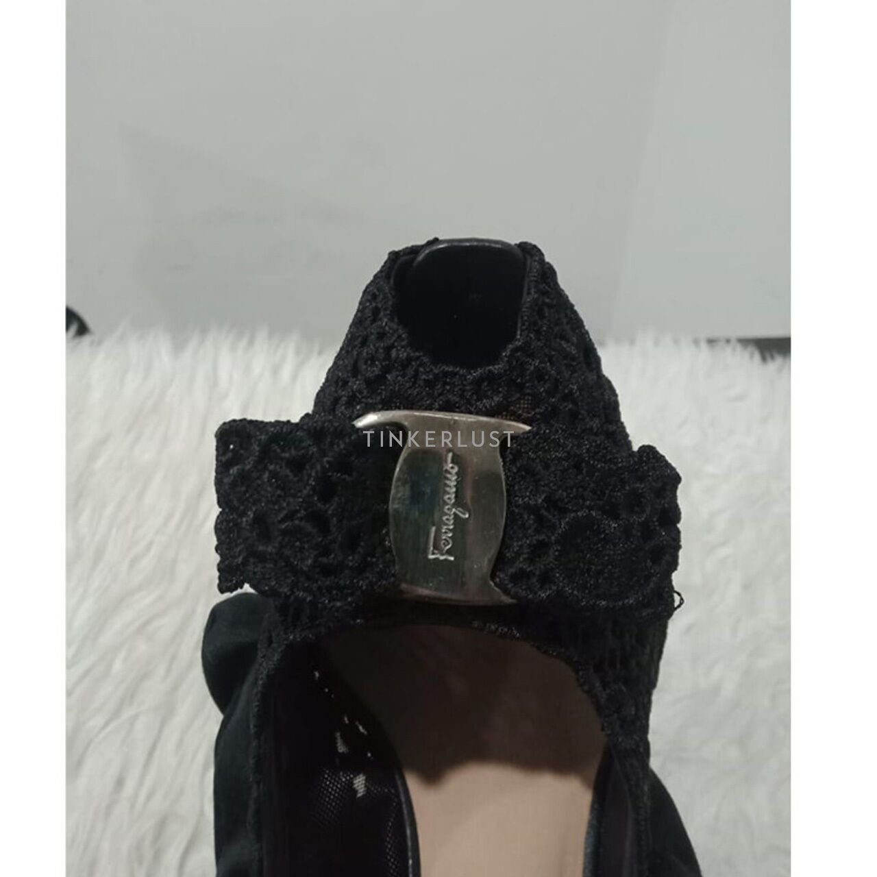 Salvatore Ferragamo Teodora Bow Peep-Toe Black Floral Crochet Pump Heels