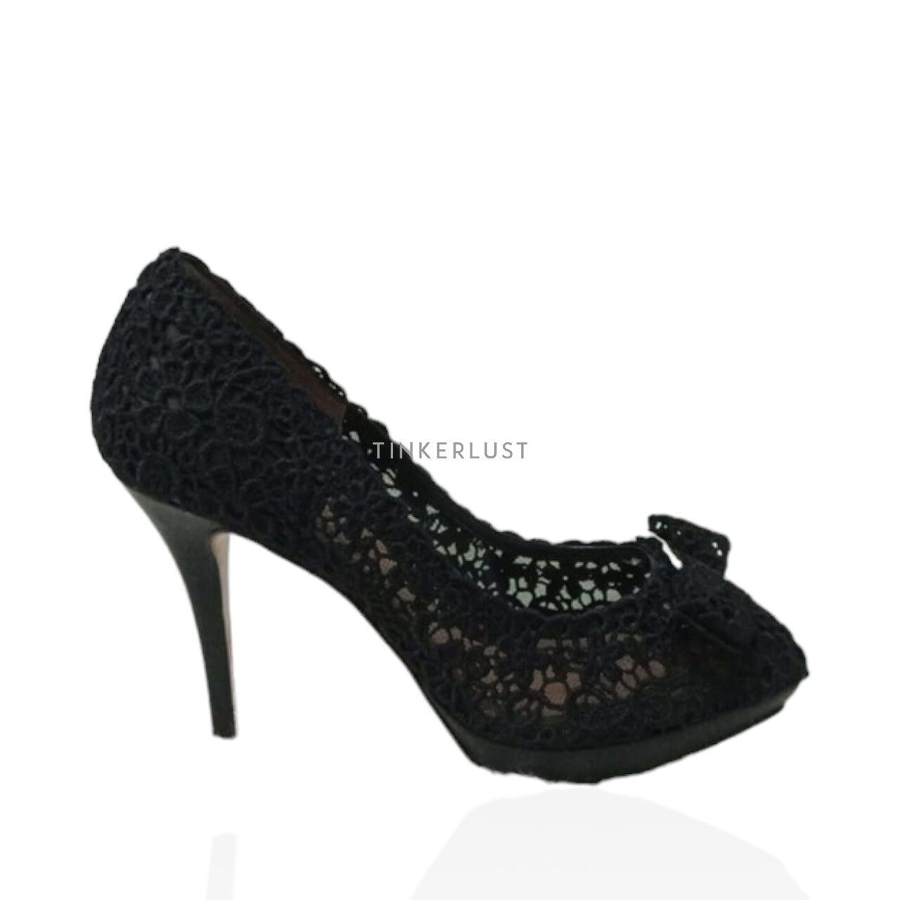 Salvatore Ferragamo Teodora Bow Peep-Toe Black Floral Crochet Pump Heels