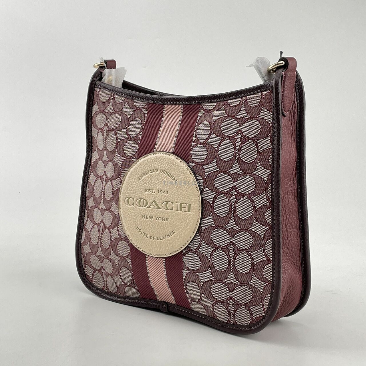 Coach CA195 Signature Jacquard Stripe Patch Dempsey File Bag In Wine Multi Sling Bag