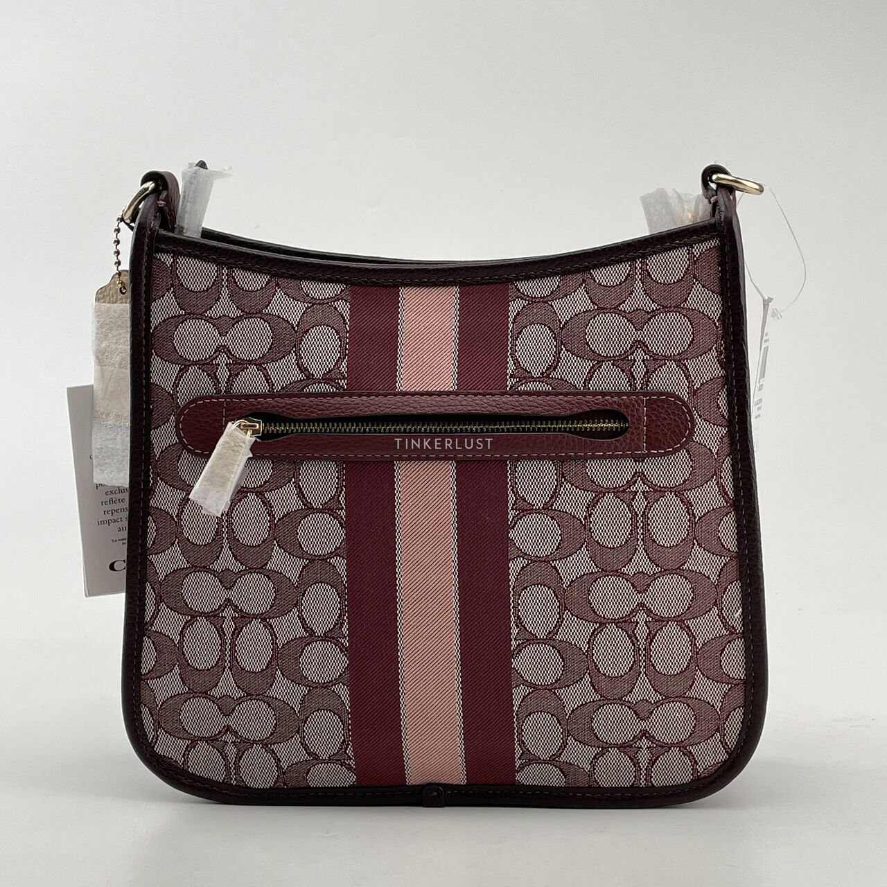 Coach CA195 Signature Jacquard Stripe Patch Dempsey File Bag In Wine Multi Sling Bag