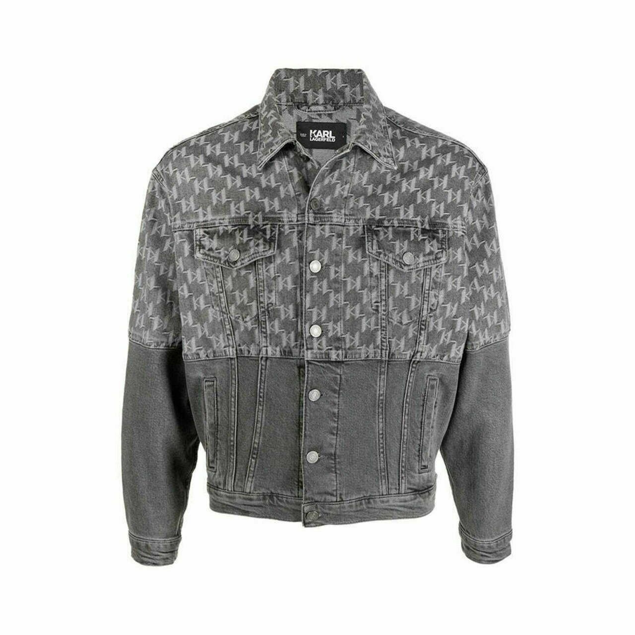 Karl Lagerfeld KL Color-Block Monogram Denim Jacket Light Stone