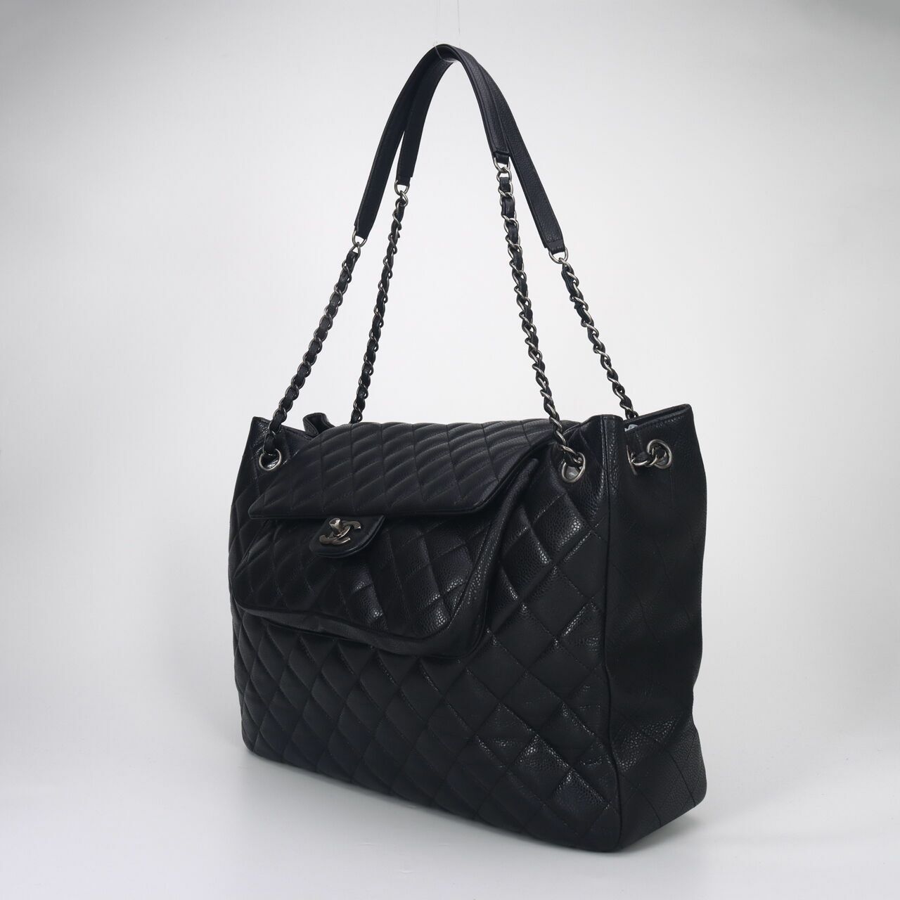 Chanel Caviar Large Shopping Tote with Small Flap #21 Black Shoulder Bag