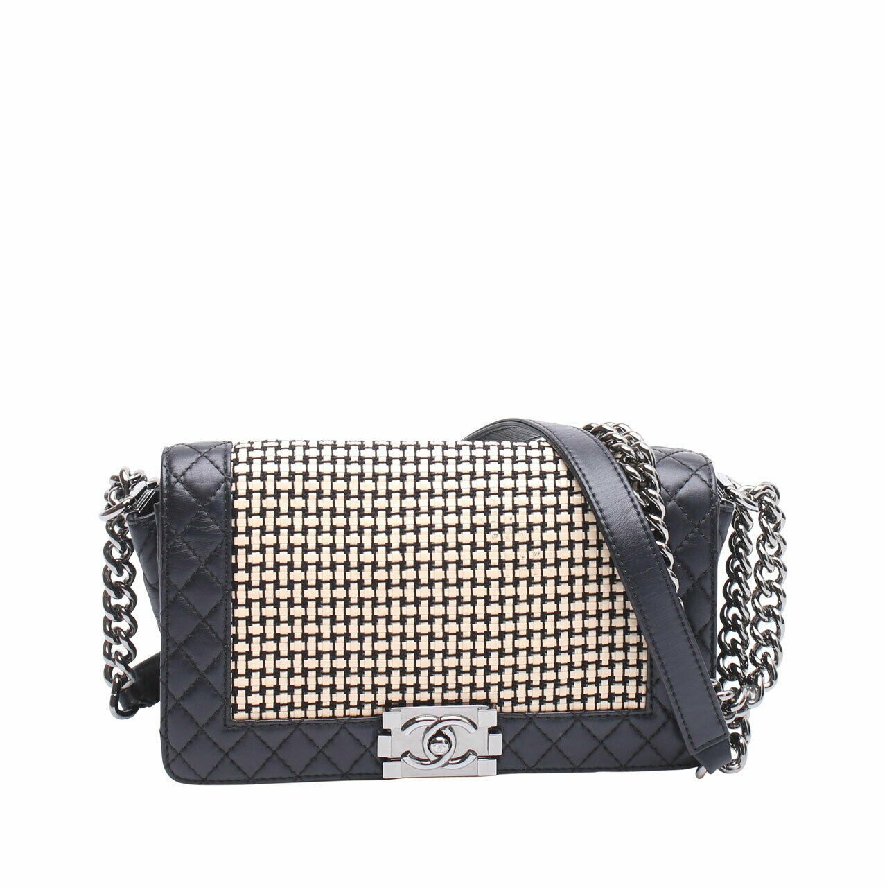 Chanel Boy Woven Black And White Flap Shoulder Bag