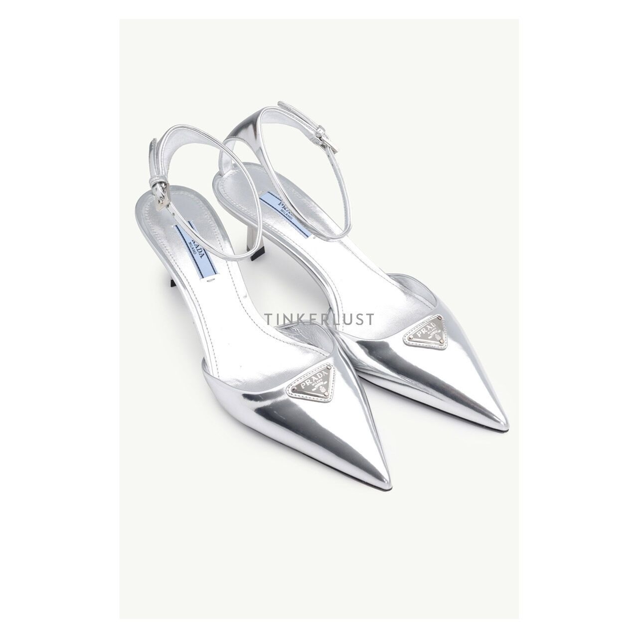 Prada Women Triangle Logo Slingback 65mm in Silver Laminated Leather Heels