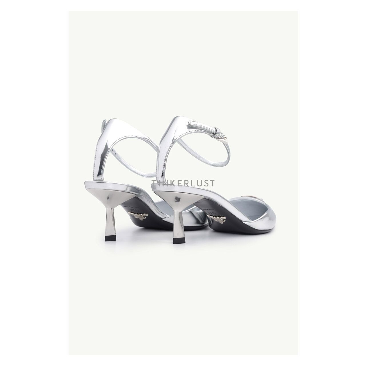 Prada Women Triangle Logo Slingback 65mm in Silver Laminated Leather Heels