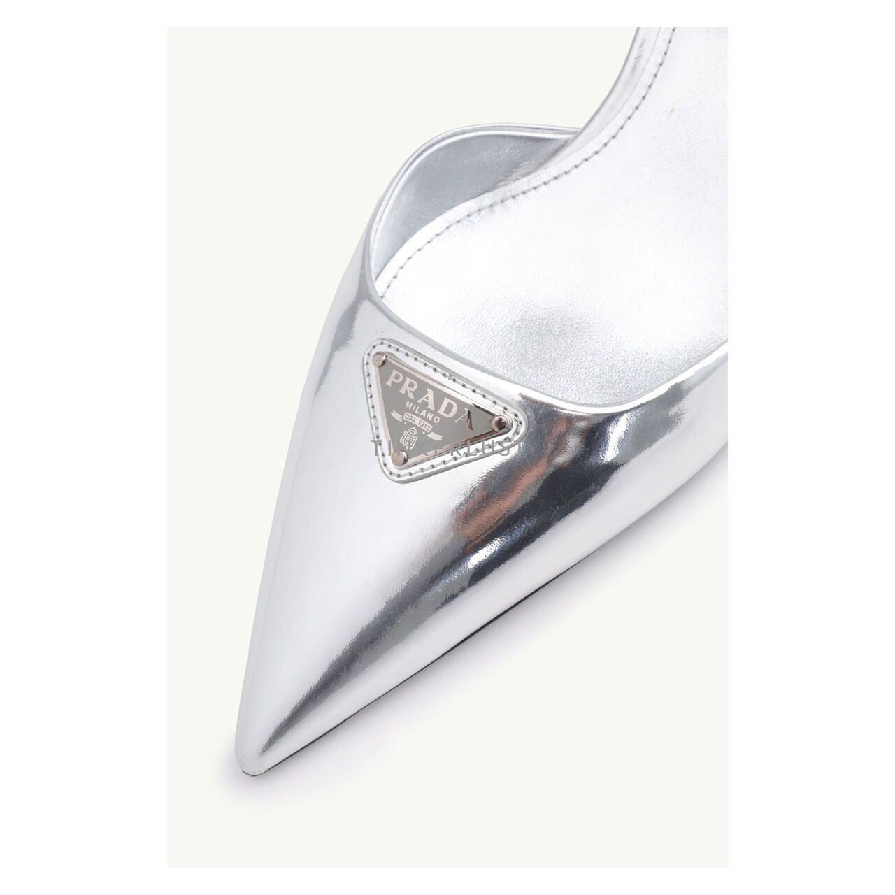 Prada Women Triangle Logo Slingback 65mm in Silver Laminated Leather Heels