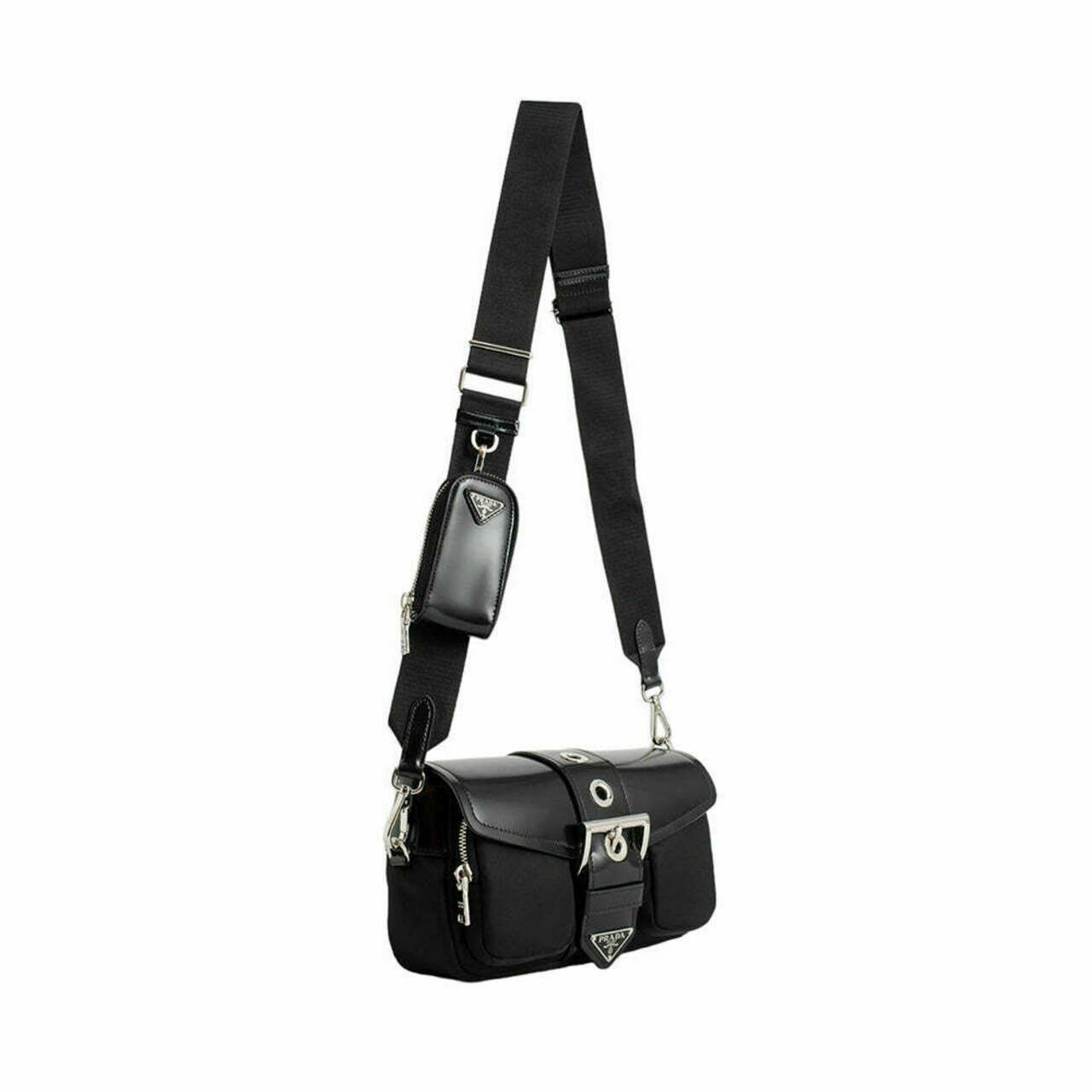 Pocket Nylon Meta Logo Brushed Leather Bag Black