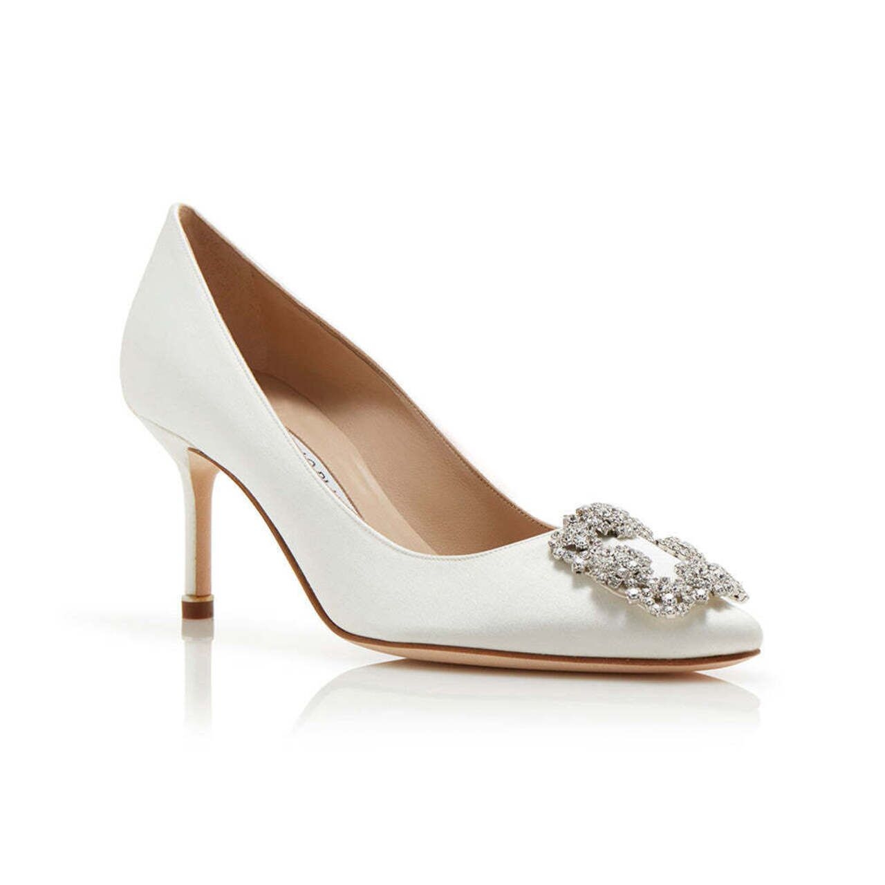 Manolo Blahnik Hangisi 70 Satin Pumps with CLC Crystal Buckle Mcream