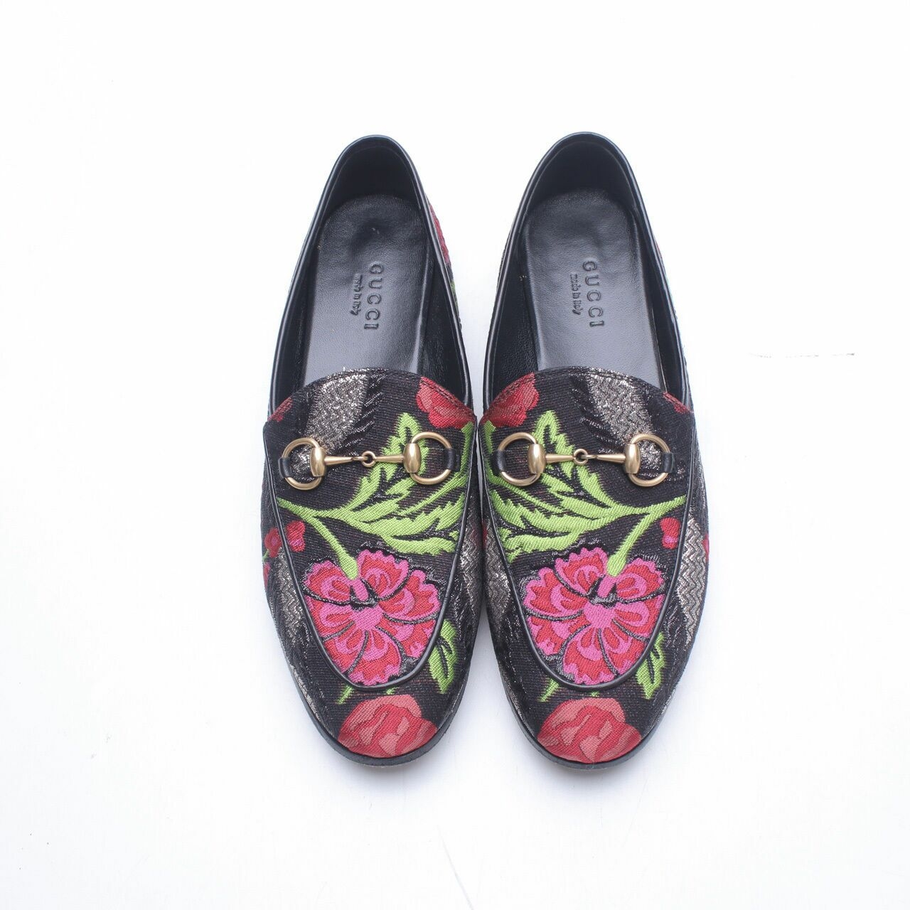  Gucci Jordaan Brocade Horsebit Floral Black Loafers Flats