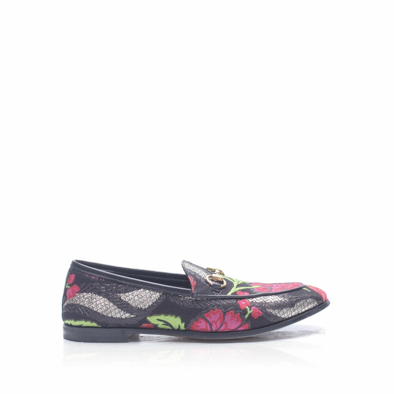  Gucci Jordaan Brocade Horsebit Floral Black Loafers Flats