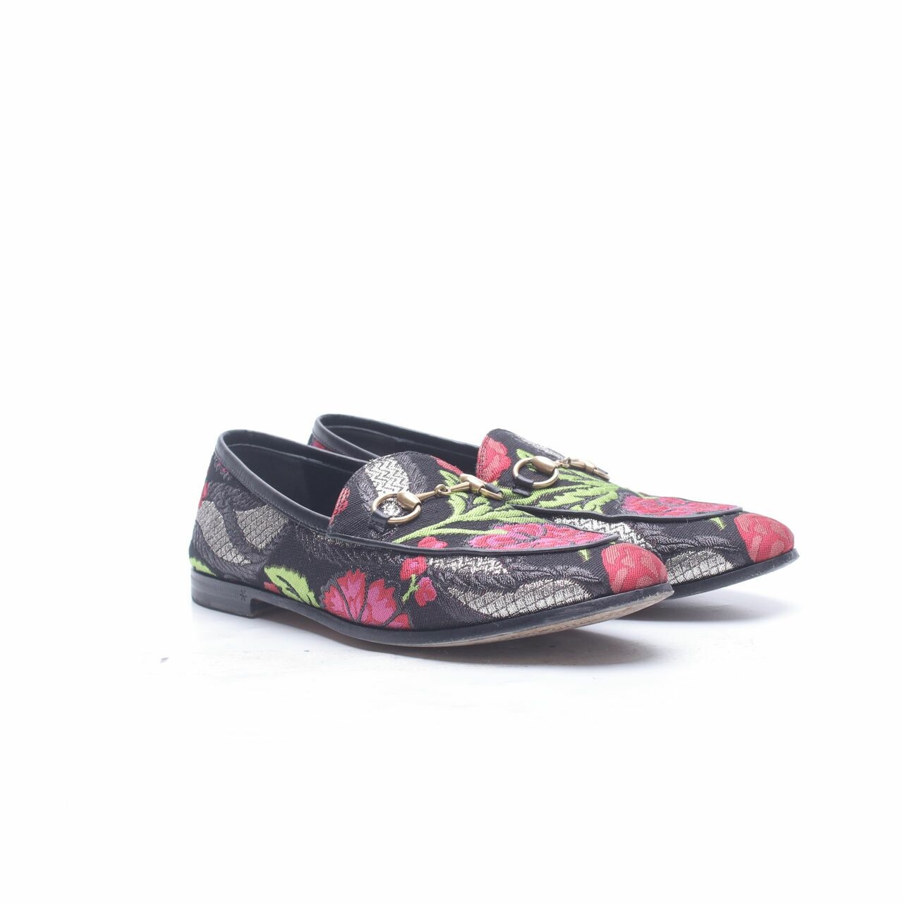  Gucci Jordaan Brocade Horsebit Floral Black Loafers Flats