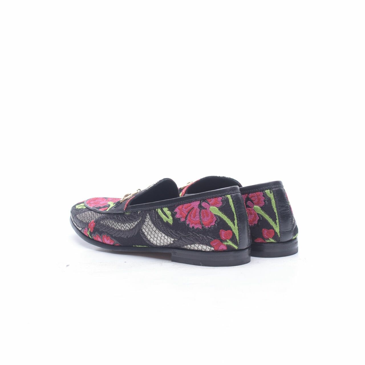  Gucci Jordaan Brocade Horsebit Floral Black Loafers Flats