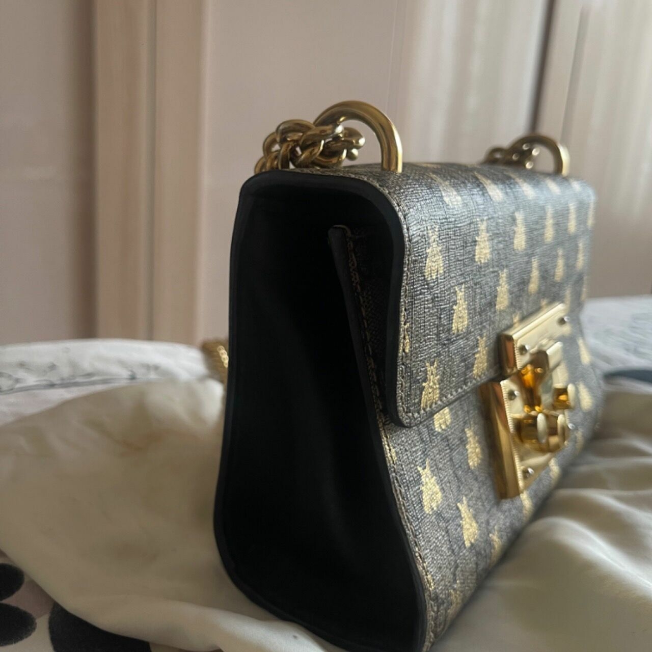 Gucci Gg Supreme Monogram Bees Small Padlock Shoulder Bag Black