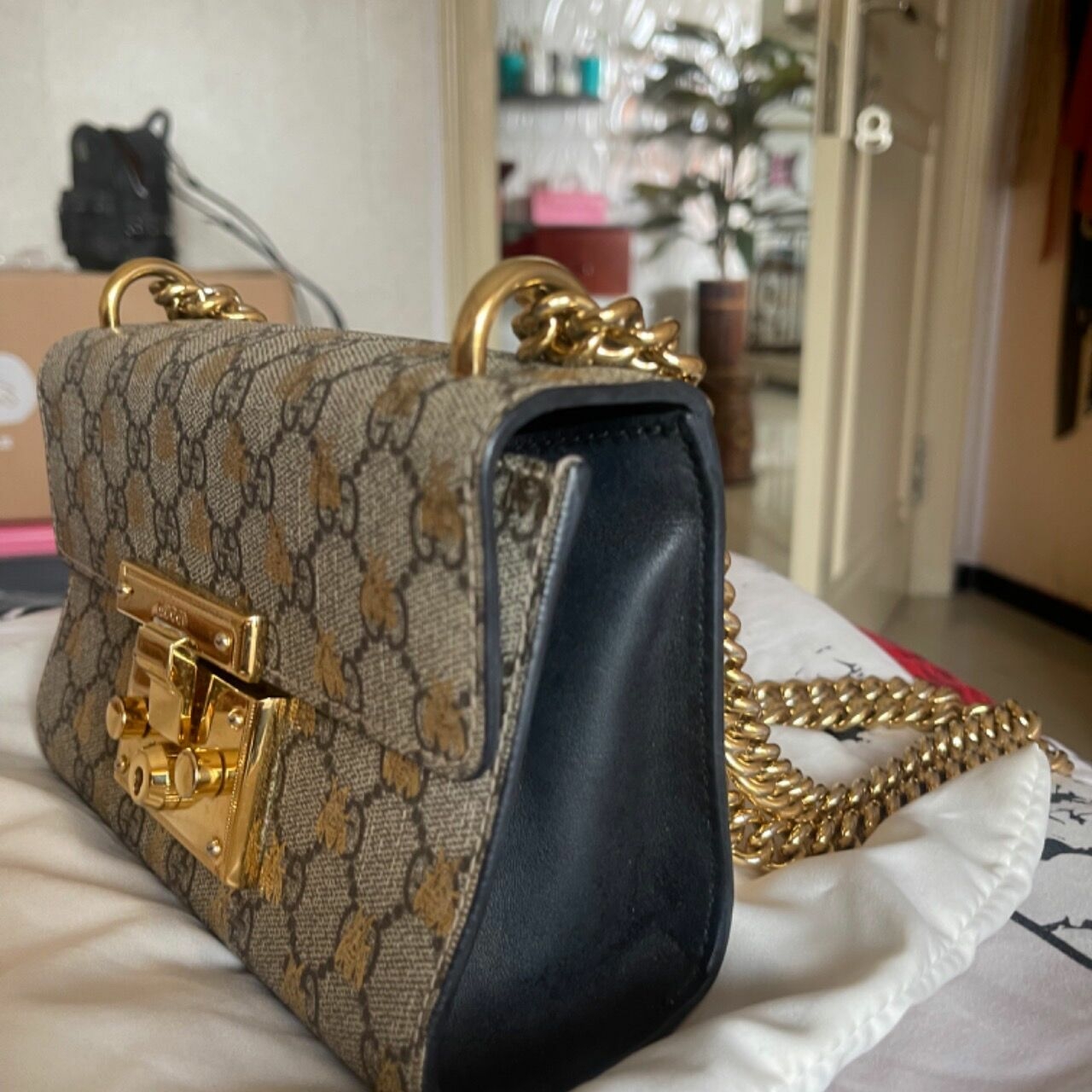 Gucci Gg Supreme Monogram Bees Small Padlock Shoulder Bag Black