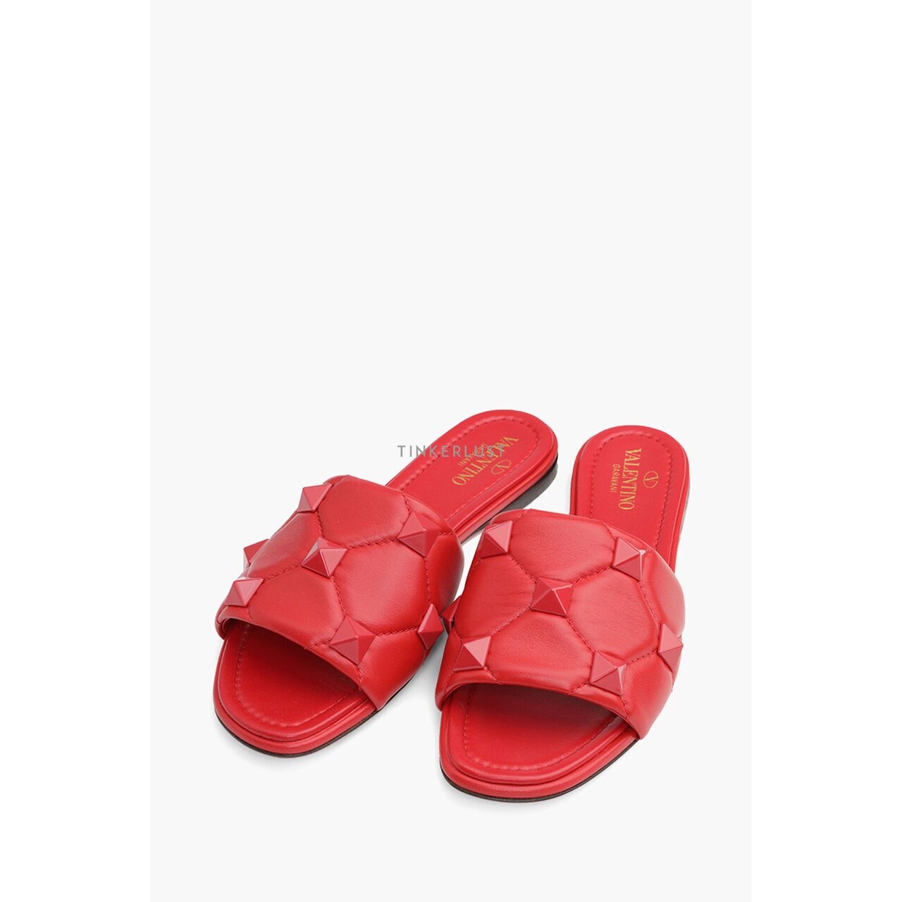 Valentino Garavani Roman Stud Quilted Leather in All Red  Slide Sandals