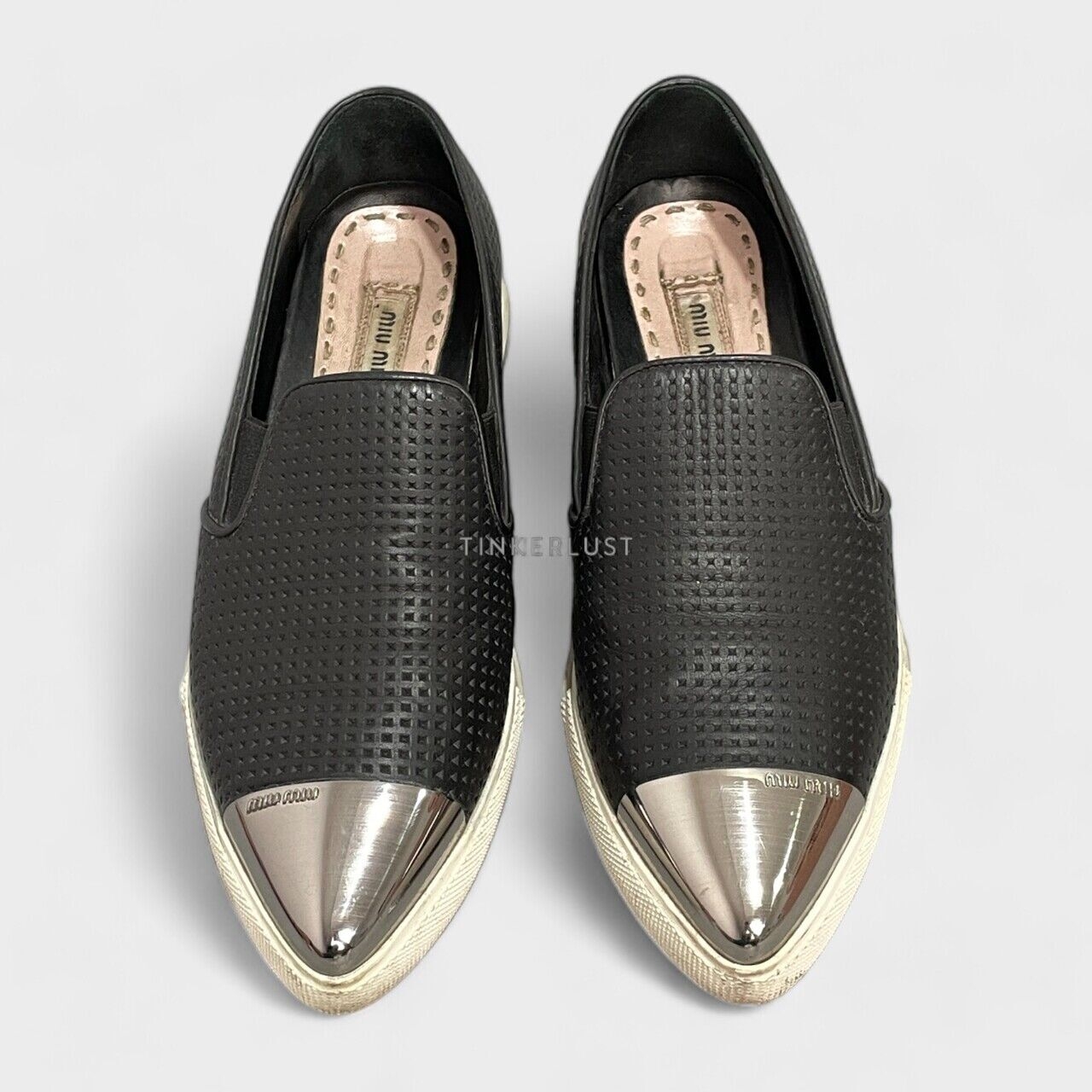 Miu Miu Perforated Leather Metal Cap Toe Black Sneakers