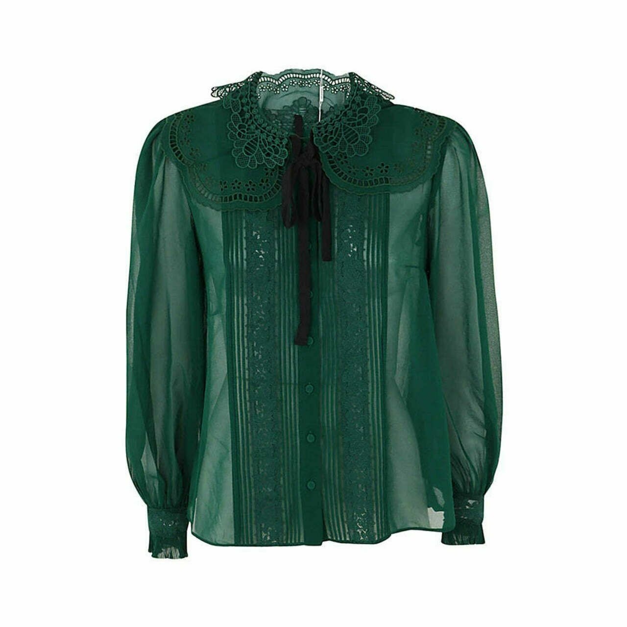 Self Portrait Broderie Collar Chiffon Blouse Dark Green