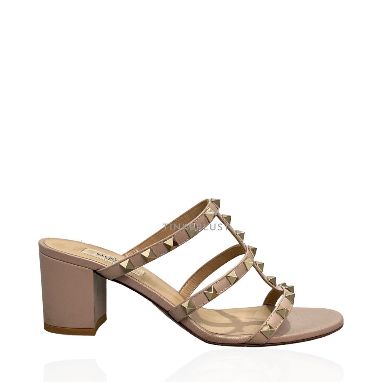 Valentino Garavani Rockstud Calfskin Leather Nude Block Heels 