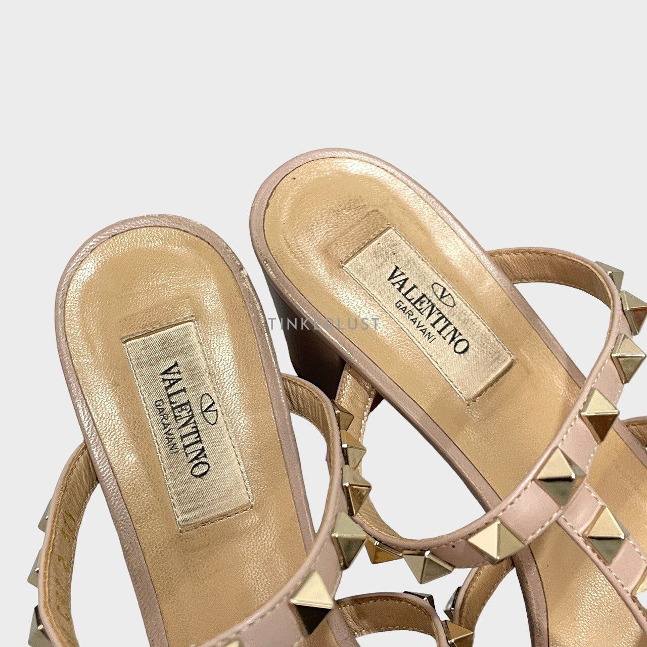 Valentino Garavani Rockstud Calfskin Leather Nude Block Heels 