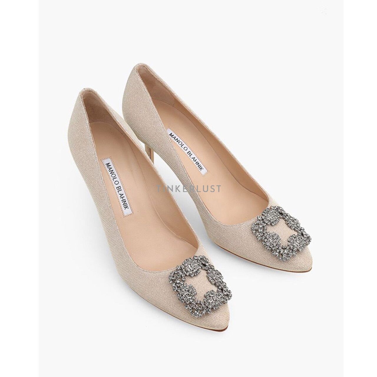 Manolo Blahnik Hangisi 7cm Pumps in Beige Glittered with Dark Crystal