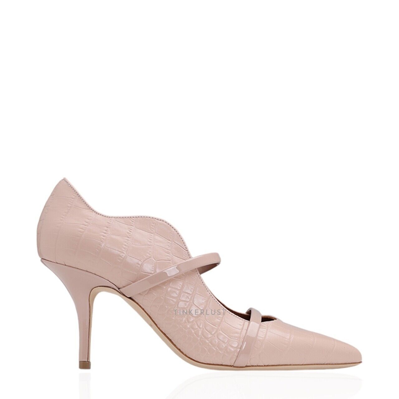 Malone Souliers Maureen Heeled Pumps 70mm Croco Printed Leather in Almond/Almond Heels