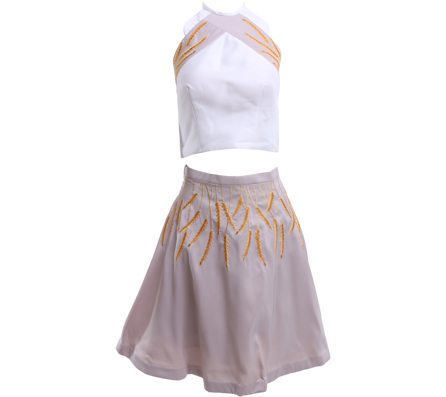 Sissae Cream And Beige Embroidery Halter Neck Crop-Top and Mini Skirt Two Piece