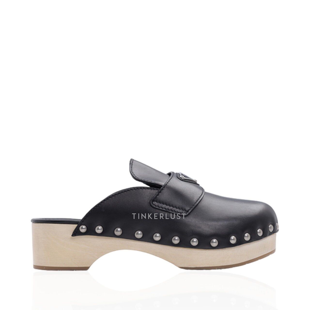 Prada Women Triangle Logo Studded Slides 45mm in Black/Beige Leather Clogs Heels