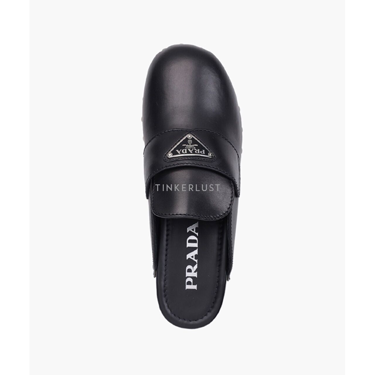 Prada Women Triangle Logo Studded Slides 45mm in Black/Beige Leather Clogs Heels