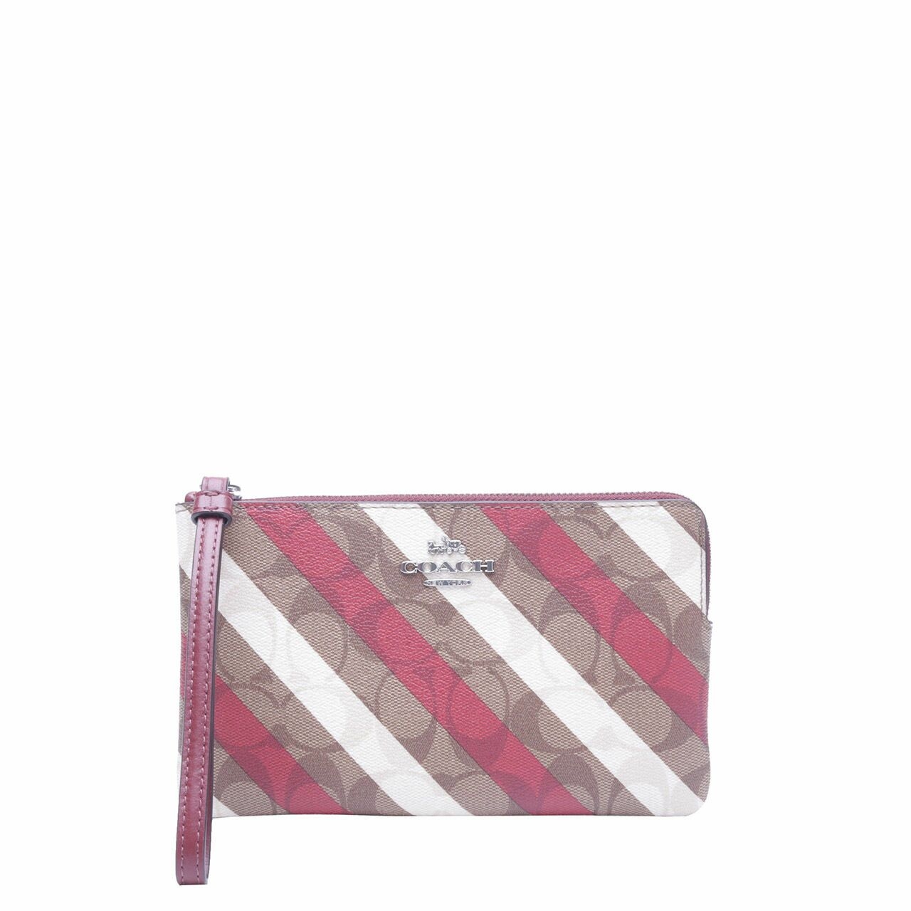 Coach Corner Zip Signature Canvas With Diagonal Stripe Print Wallet