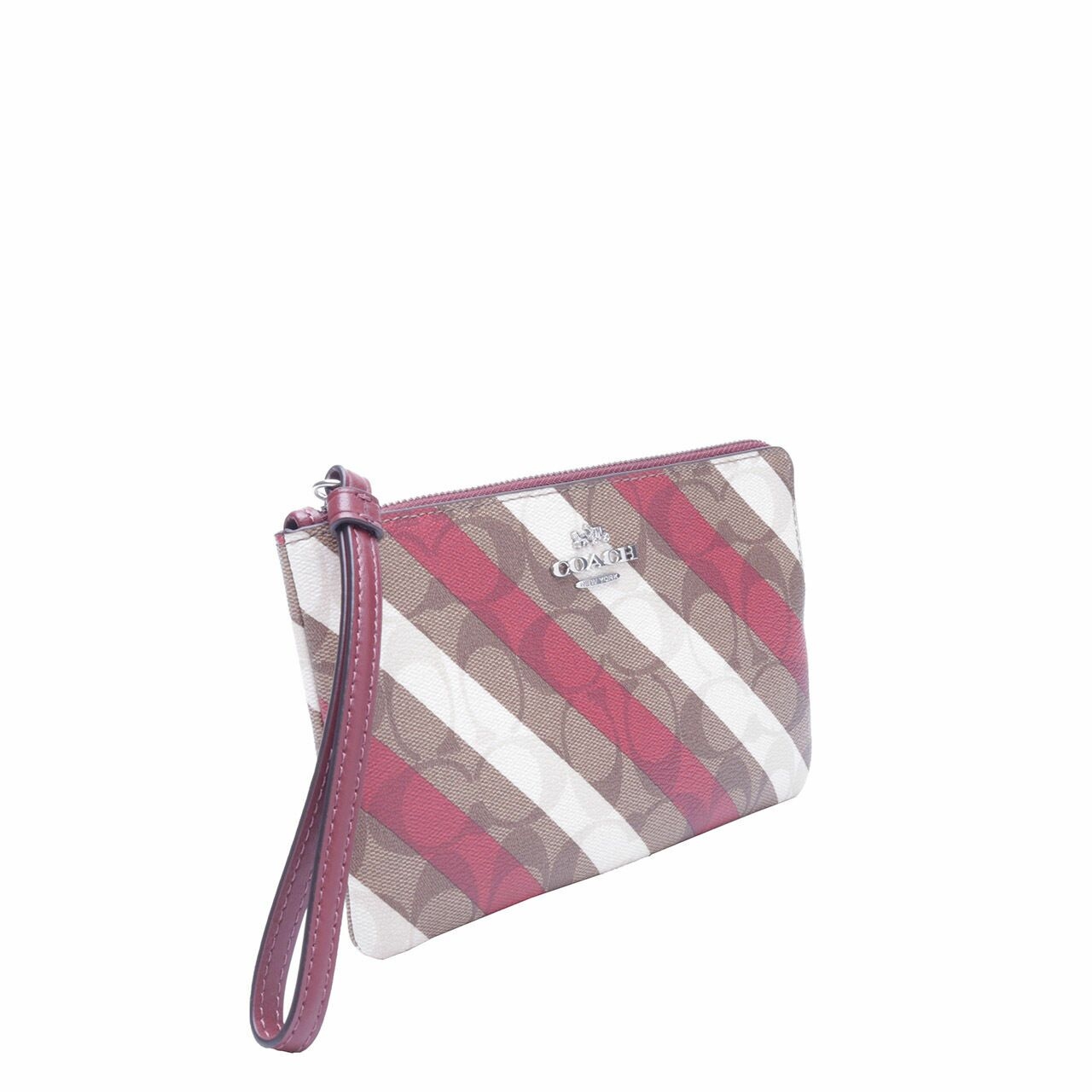 Coach Corner Zip Signature Canvas With Diagonal Stripe Print Wallet