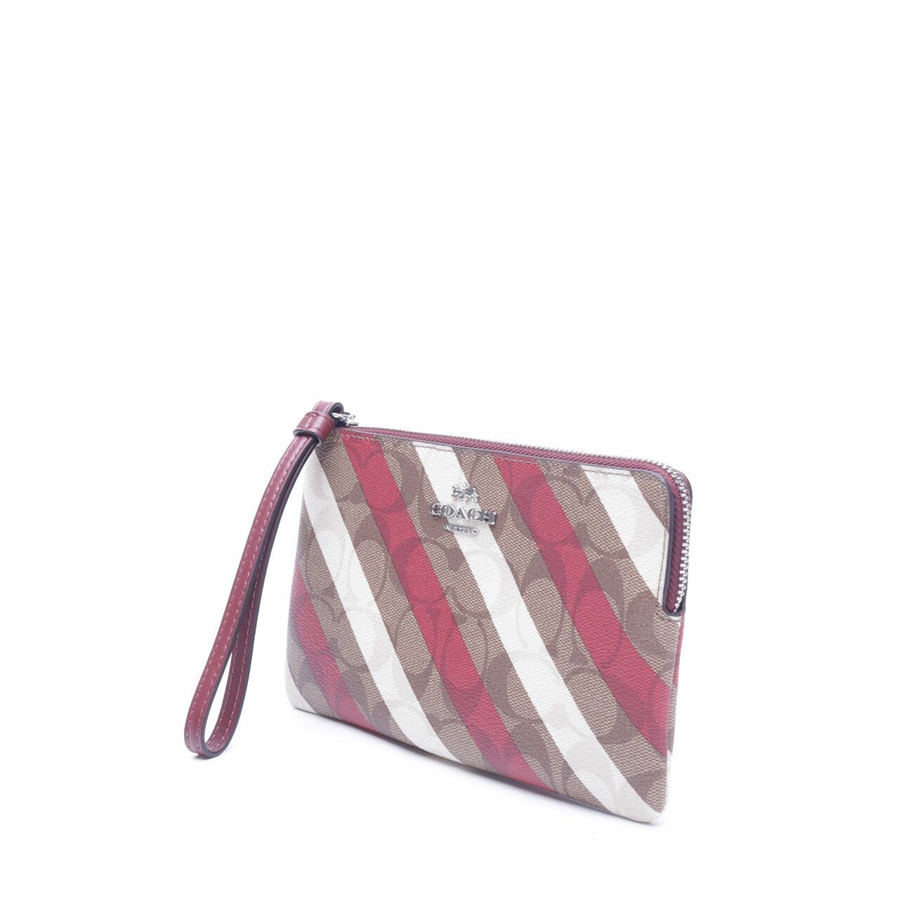 Coach Corner Zip Signature Canvas With Diagonal Stripe Print Wallet